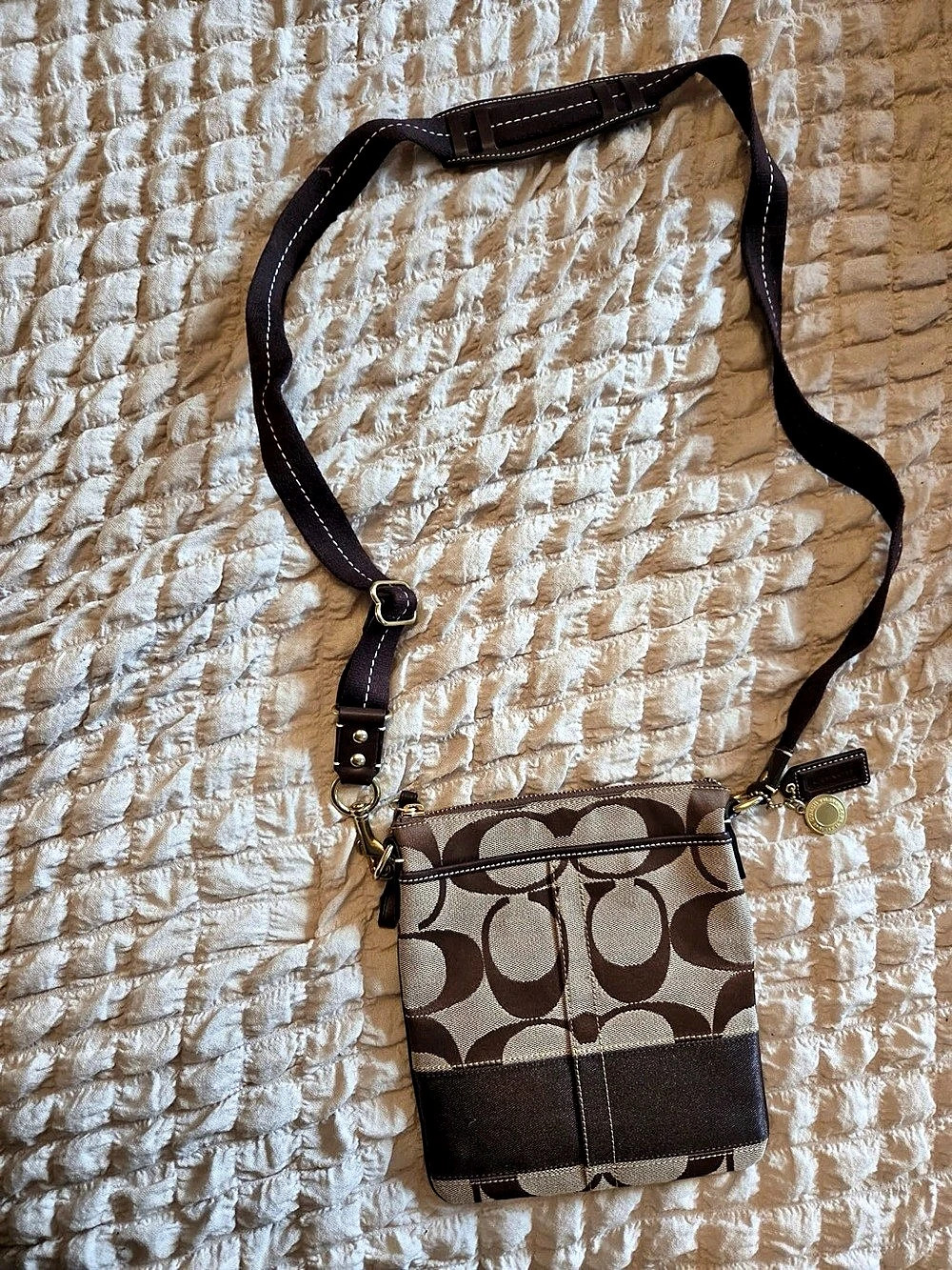 Coach Signature Stripe Swingpack Crossbody Brown Bag
